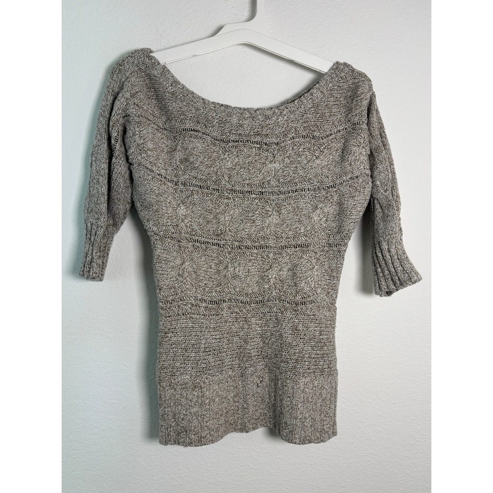 Cable Knit Scoop Neck Sweater 3/4 Sleeve Heathered Brown Pointelle Pullover